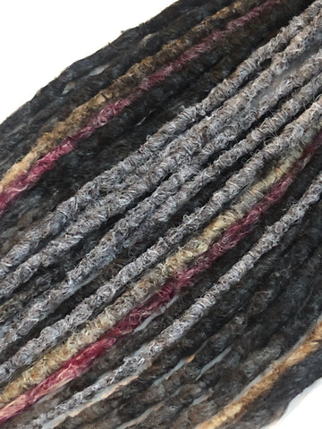 Partial Set 15 DoubleEnded Dreadlock Extensions-Black Grey Blends Pop of Red